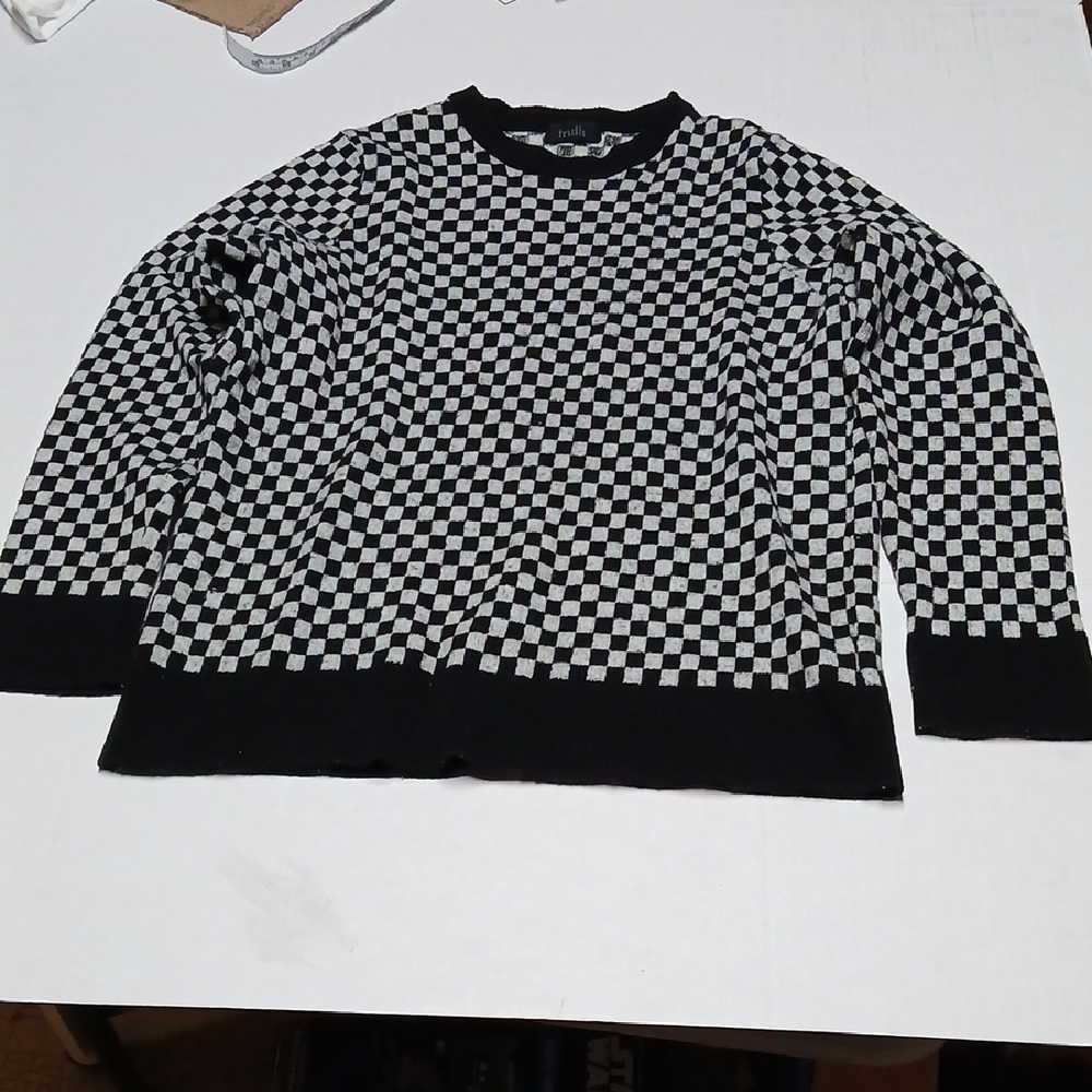 Truth by Republic Checkerboard Wool Crewneck Sweater Light Gray & Black Size M
